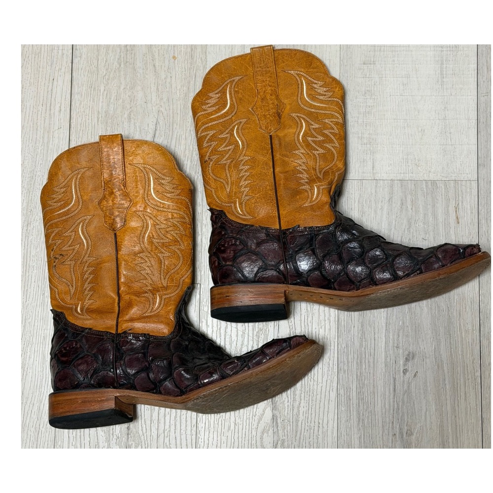 Alfa Mens Pirarucu Western Boots Dark Brown Tan Leather Square Toe 13